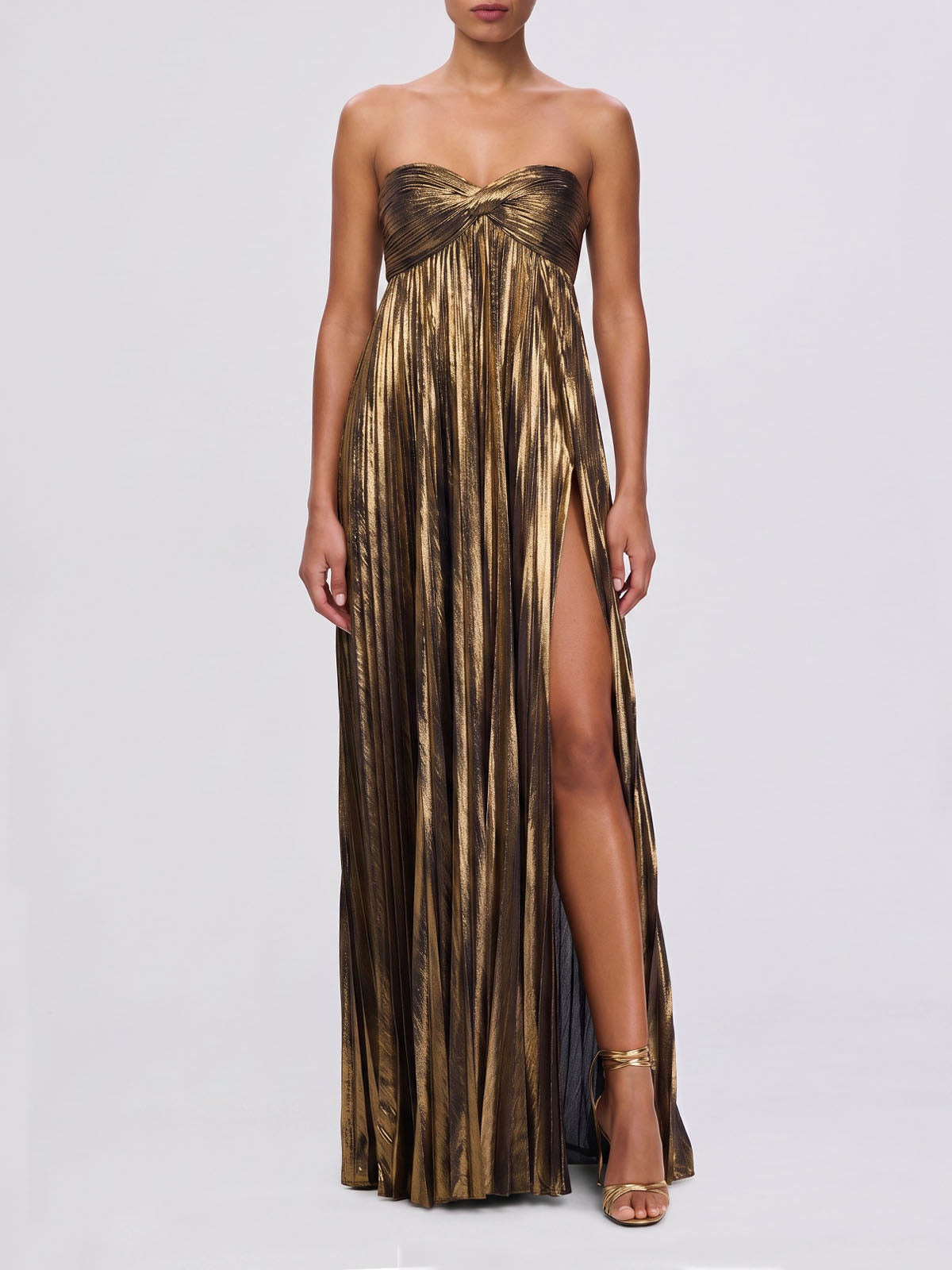 Luxury Metallic Strapless Empire Waist High Slit Maxi Dress - Gold
