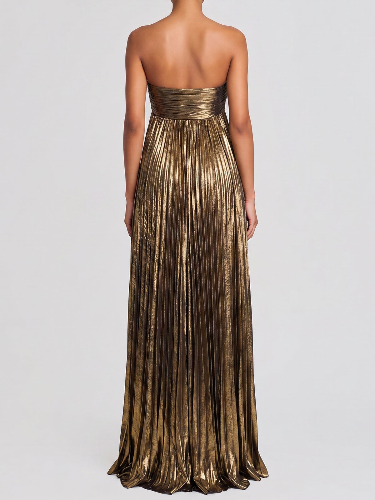 Luxury Metallic Strapless Empire Waist High Slit Maxi Dress - Gold