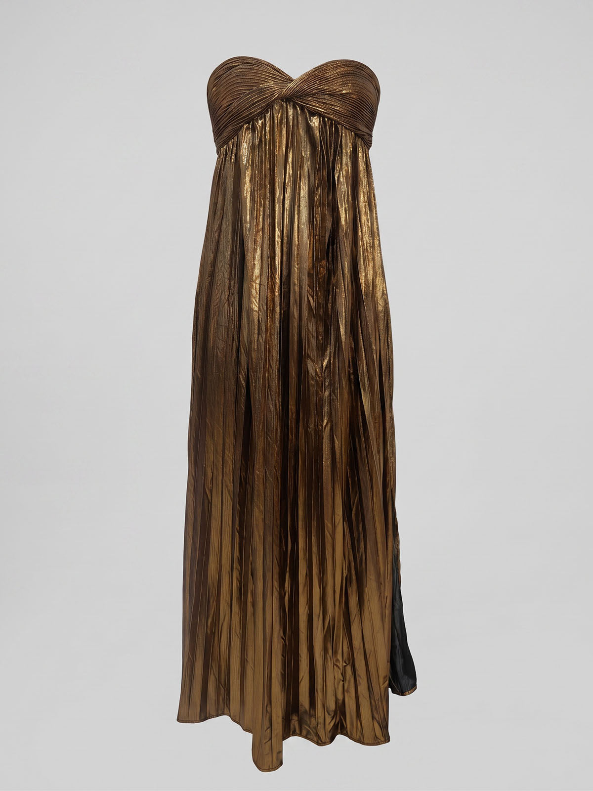 Luxury Metallic Strapless Empire Waist High Slit Maxi Dress - Gold