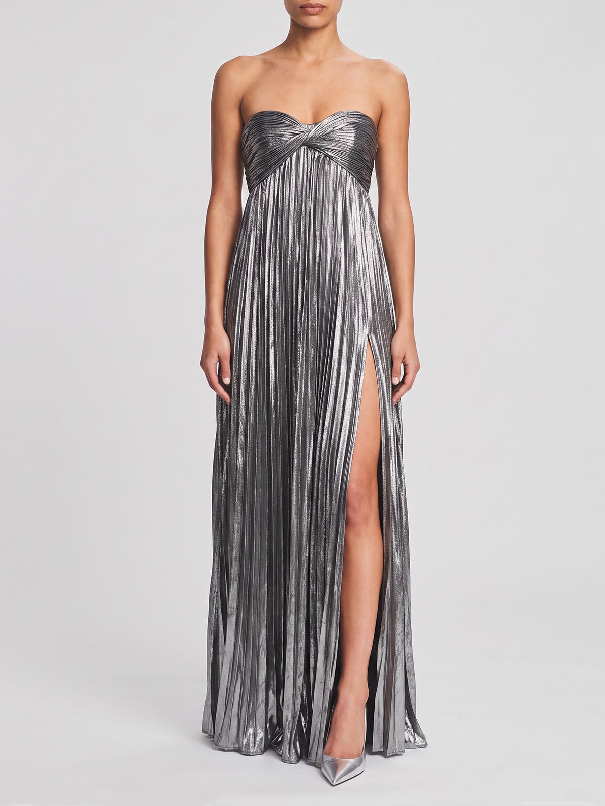 Luxury Metallic Strapless Empire Waist High Slit Maxi Dress - Silver