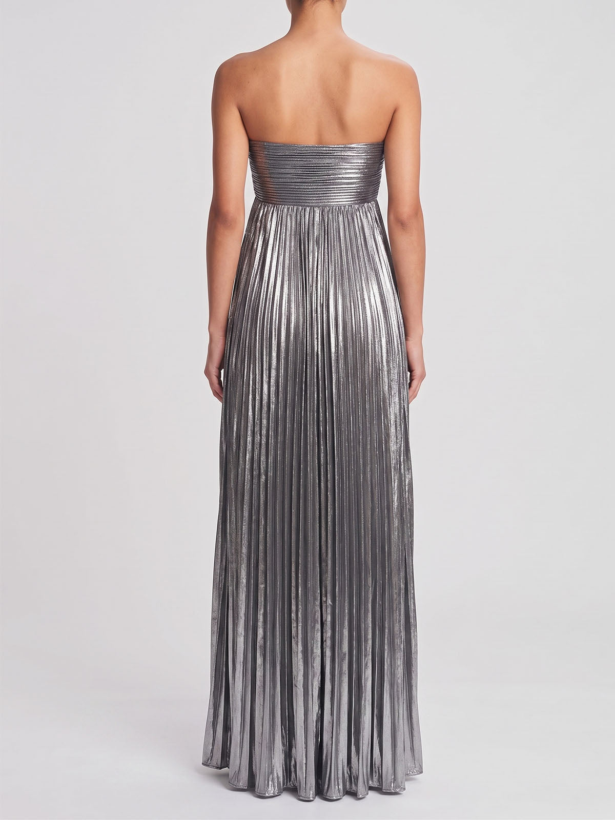 Luxury Metallic Strapless Empire Waist High Slit Maxi Dress - Silver