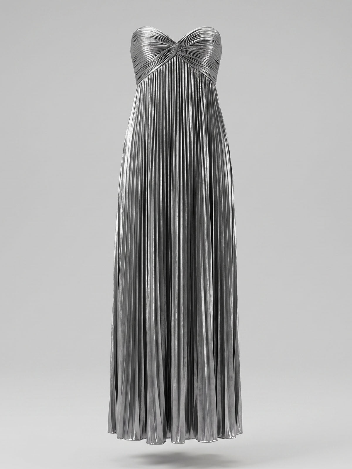 Luxury Metallic Strapless Empire Waist High Slit Maxi Dress - Silver