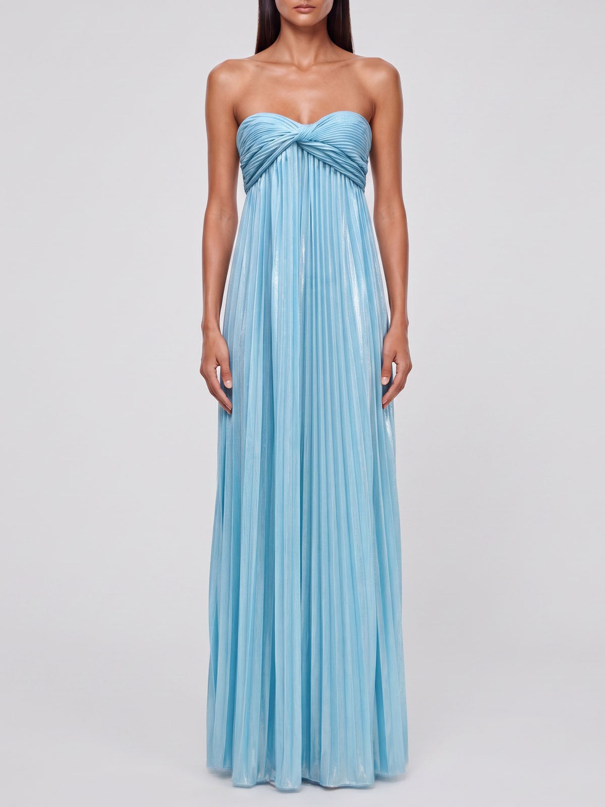 Luxury Metallic Strapless Empire Waist High Slit Maxi Dress - Sky Blue