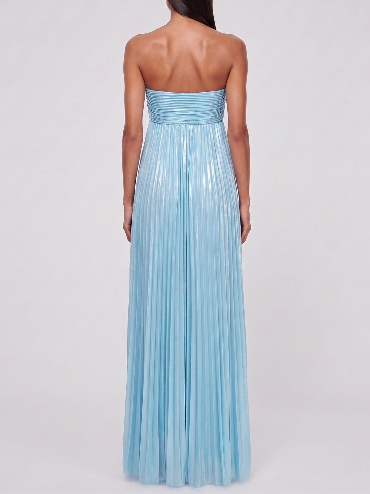 Luxury Metallic Strapless Empire Waist High Slit Maxi Dress - Sky Blue