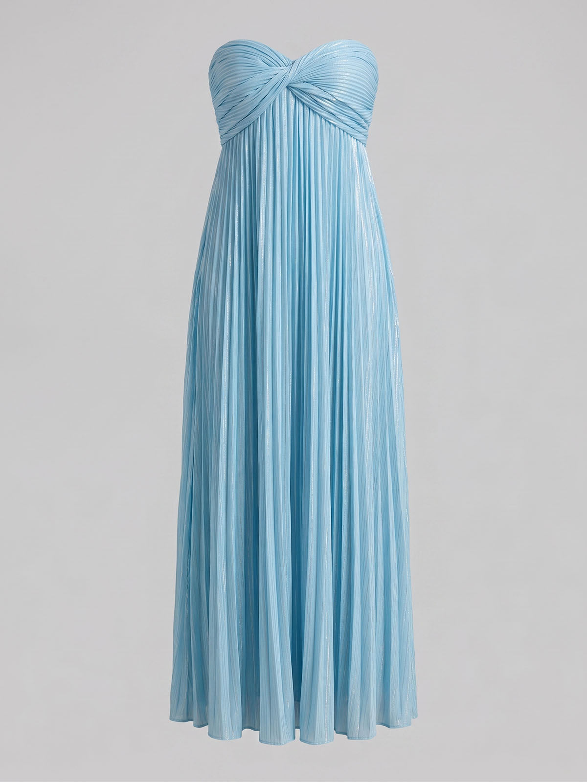 Luxury Metallic Strapless Empire Waist High Slit Maxi Dress - Sky Blue