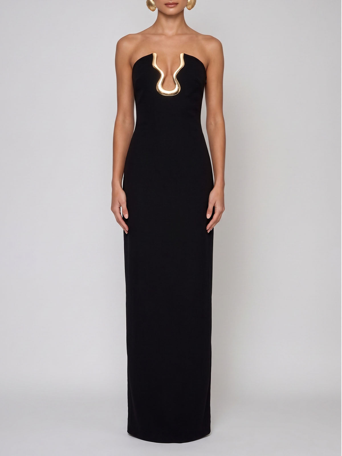 Luxury Metallic Trim Plunge Strapless Bandage Prom Maxi Dress - Black