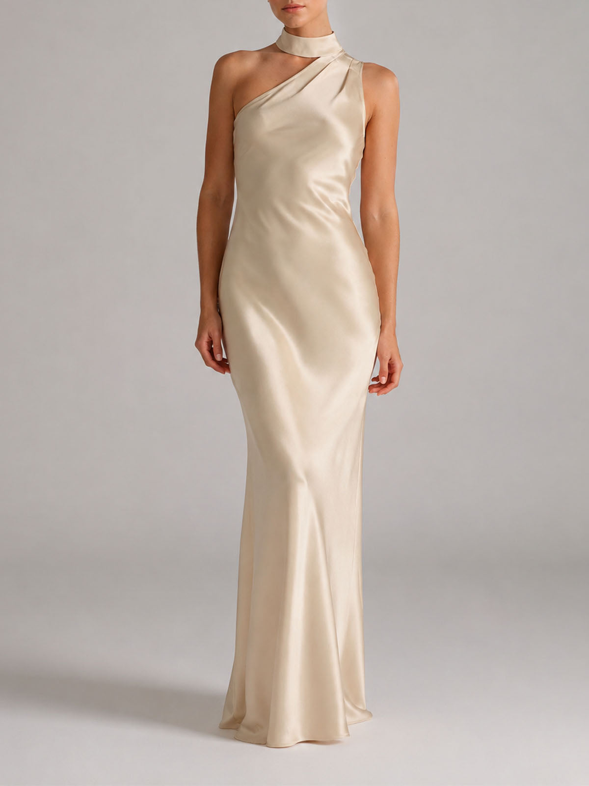Luxury Mock Neck One Shoulder Slit Satin Formal Maxi Dress - Champagne