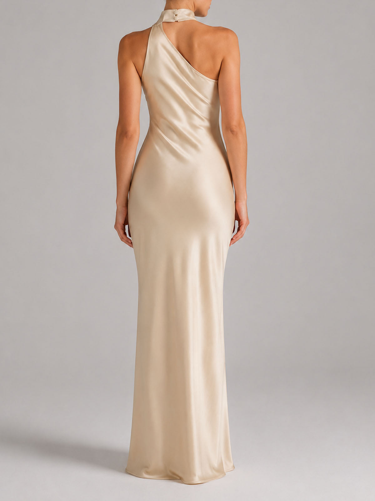 Luxury Mock Neck One Shoulder Slit Satin Formal Maxi Dress - Champagne
