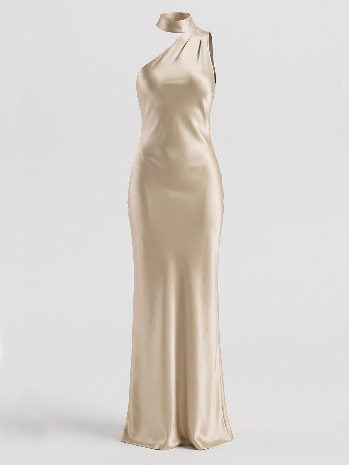 Luxury Mock Neck One Shoulder Slit Satin Formal Maxi Dress - Champagne