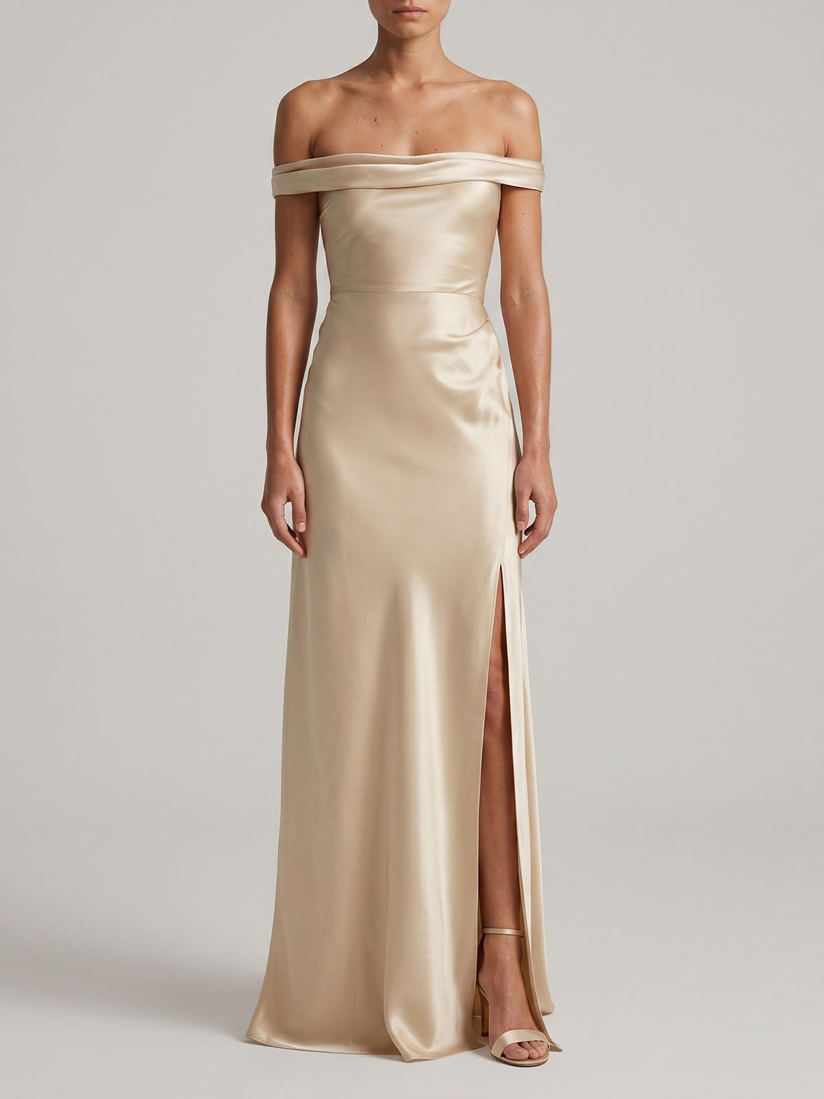 Luxury Off Shoulder A Line Slit Satin Formal Maxi Dress - Champagne
