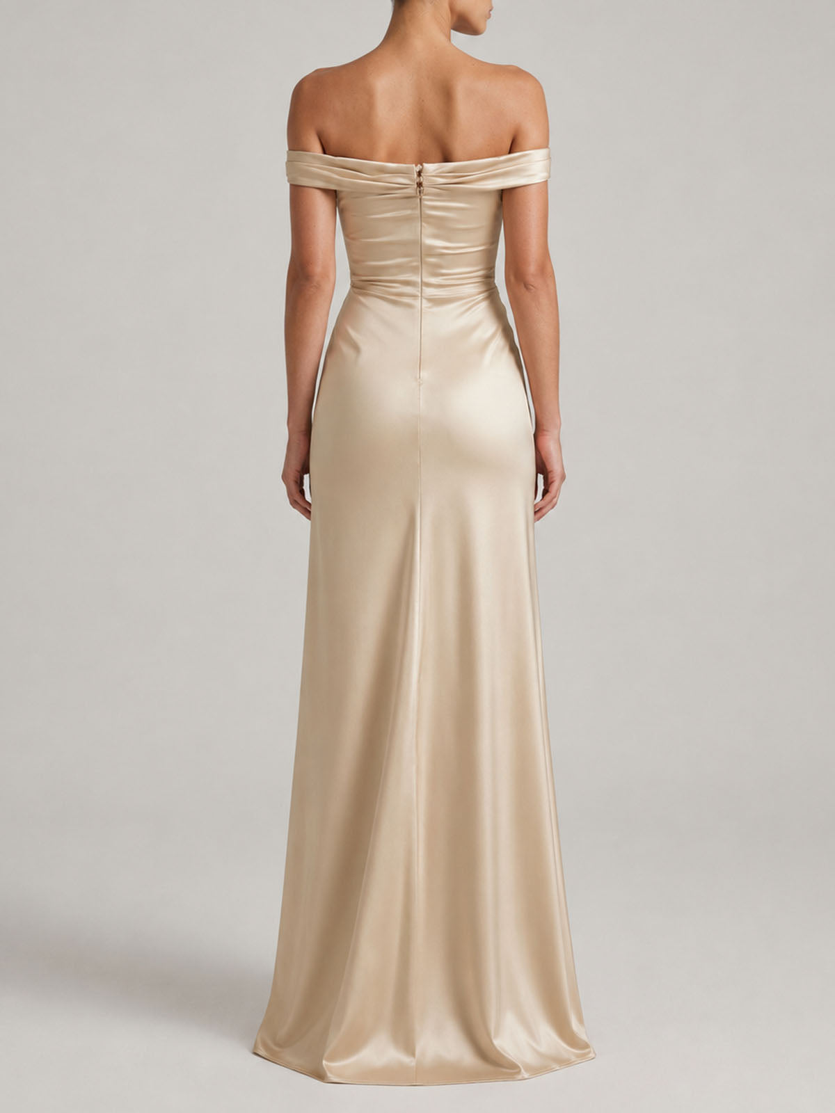Luxury Off Shoulder A Line Slit Satin Formal Maxi Dress - Champagne