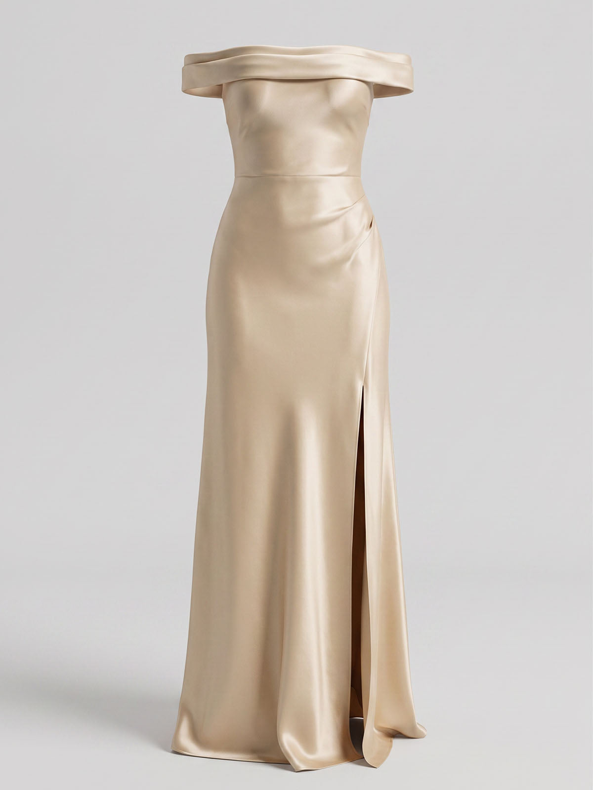 Luxury Off Shoulder A Line Slit Satin Formal Maxi Dress - Champagne