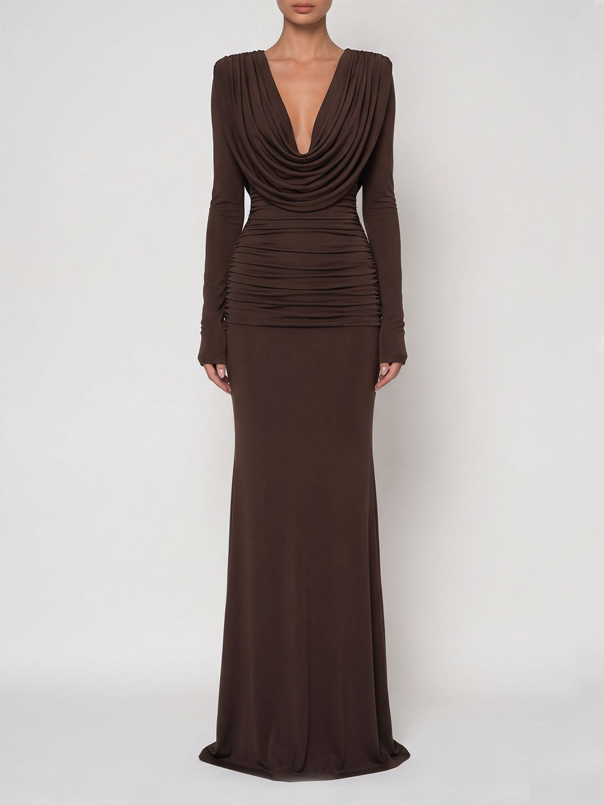 Luxury Plunge Cowl Neck Long Sleeve Ruched Mermaid Maxi Dress - Coffee