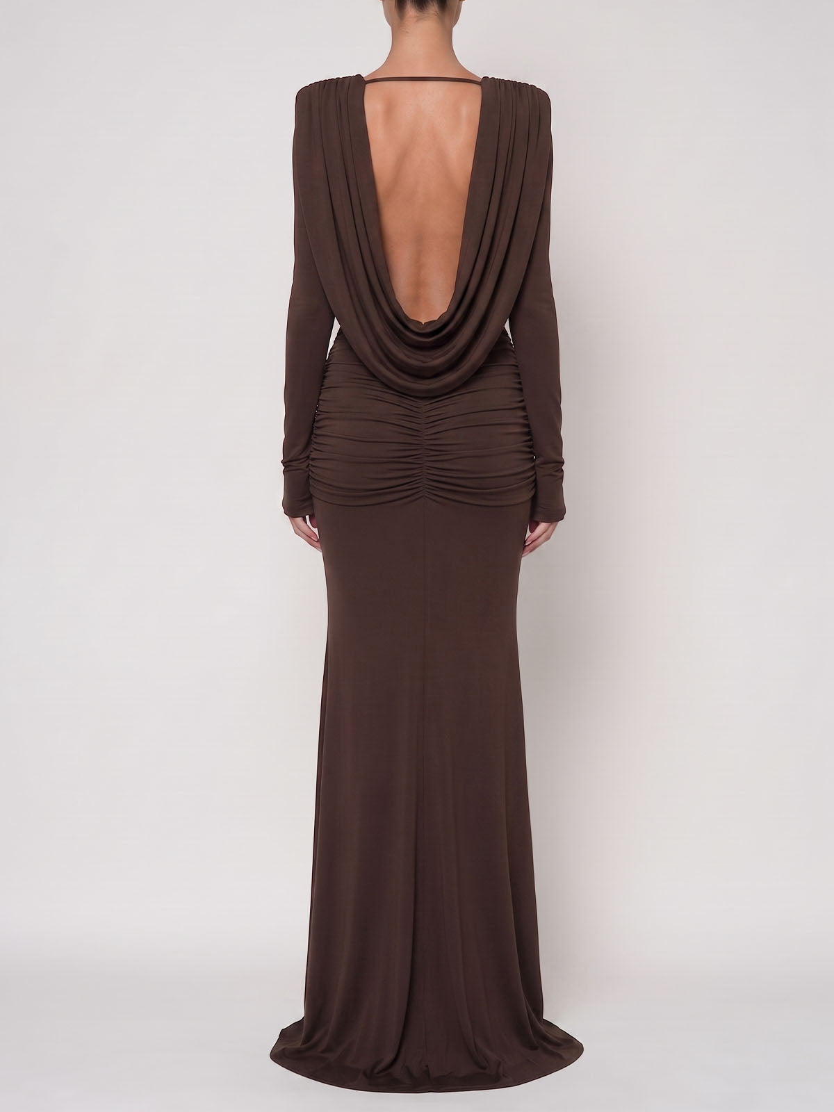 Luxury Plunge Cowl Neck Long Sleeve Ruched Mermaid Maxi Dress - Coffee