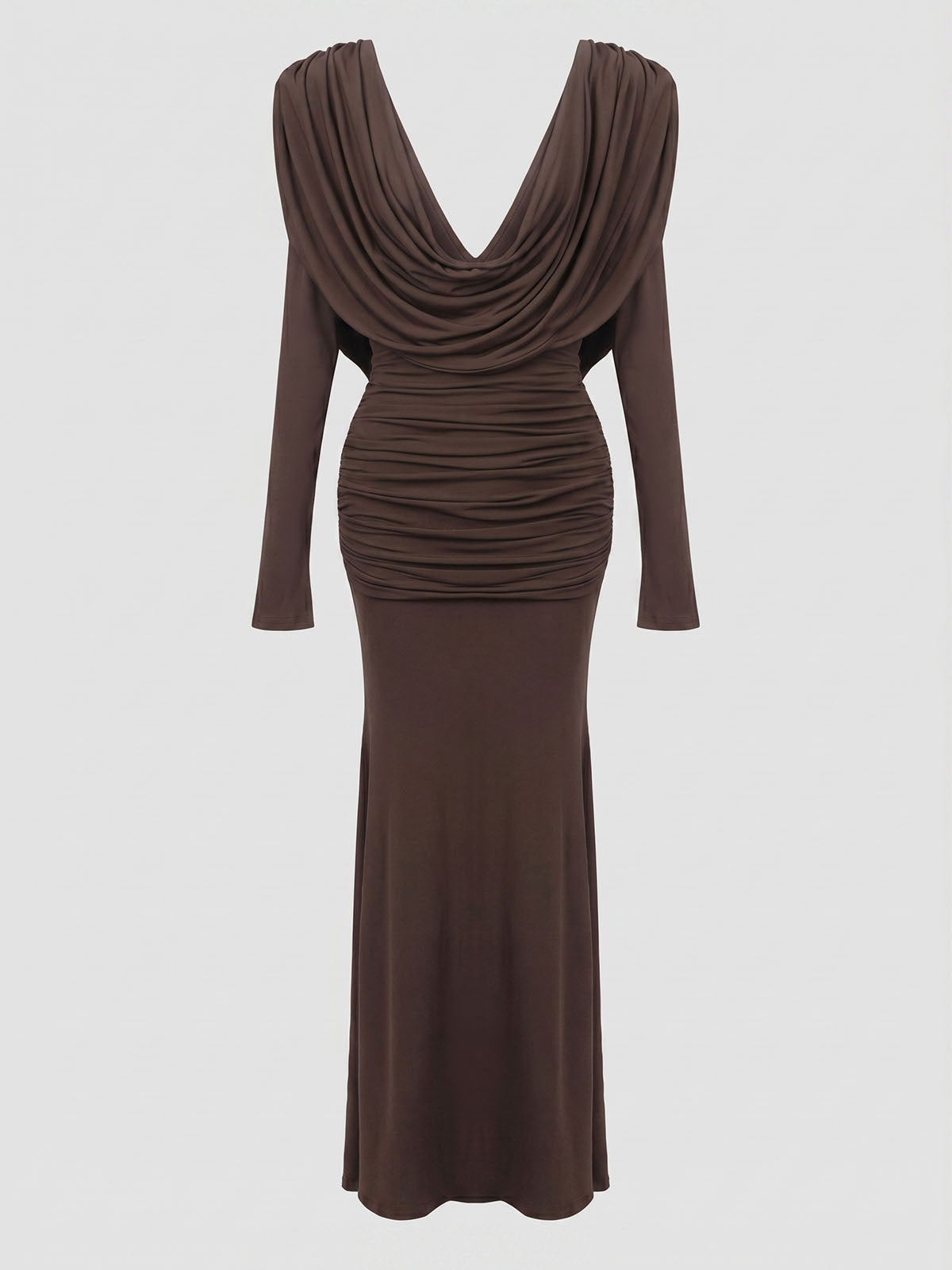 Luxury Plunge Cowl Neck Long Sleeve Ruched Mermaid Maxi Dress - Coffee