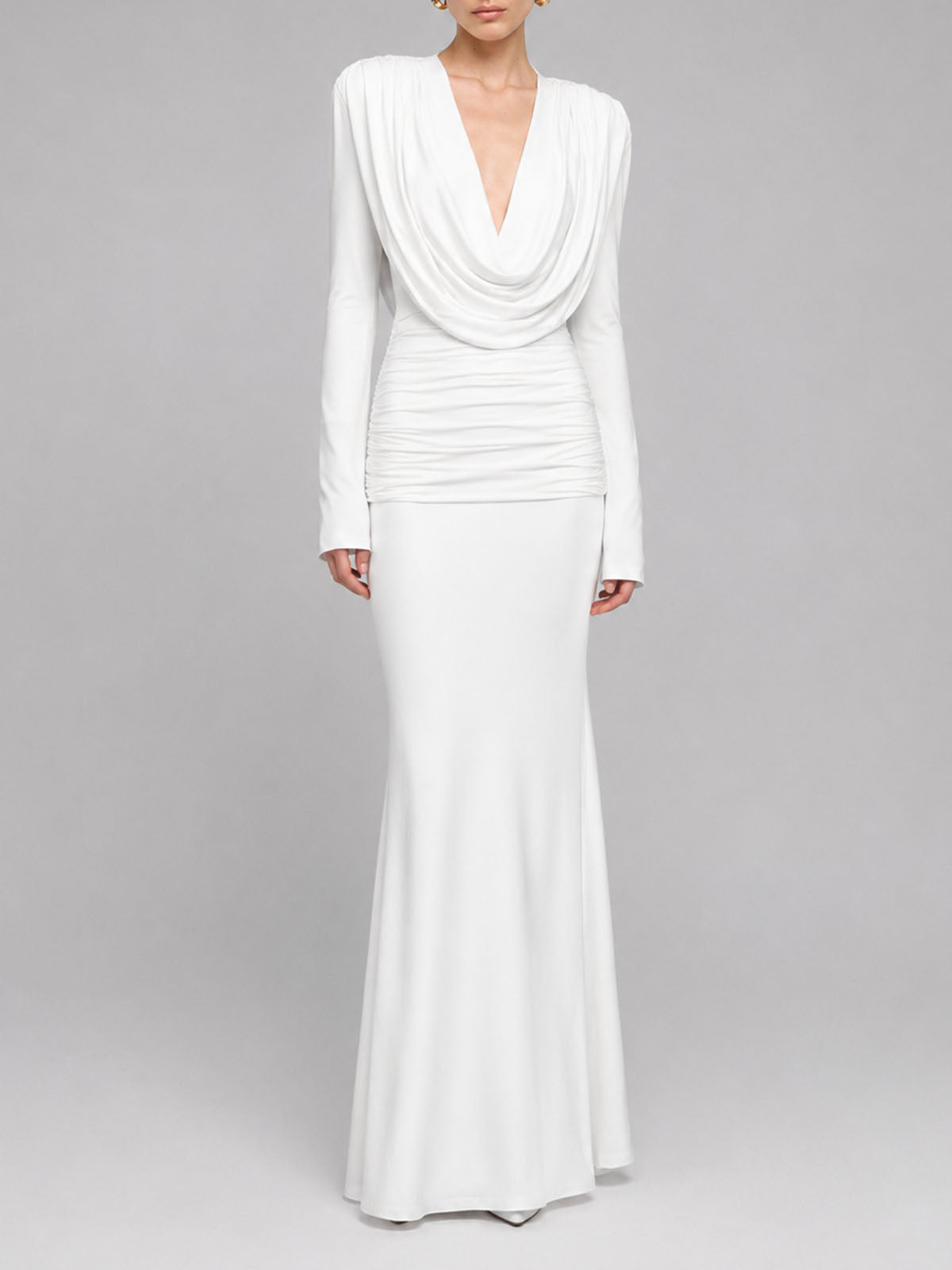 Luxury Plunge Cowl Neck Long Sleeve Ruched Mermaid Maxi Dress - White