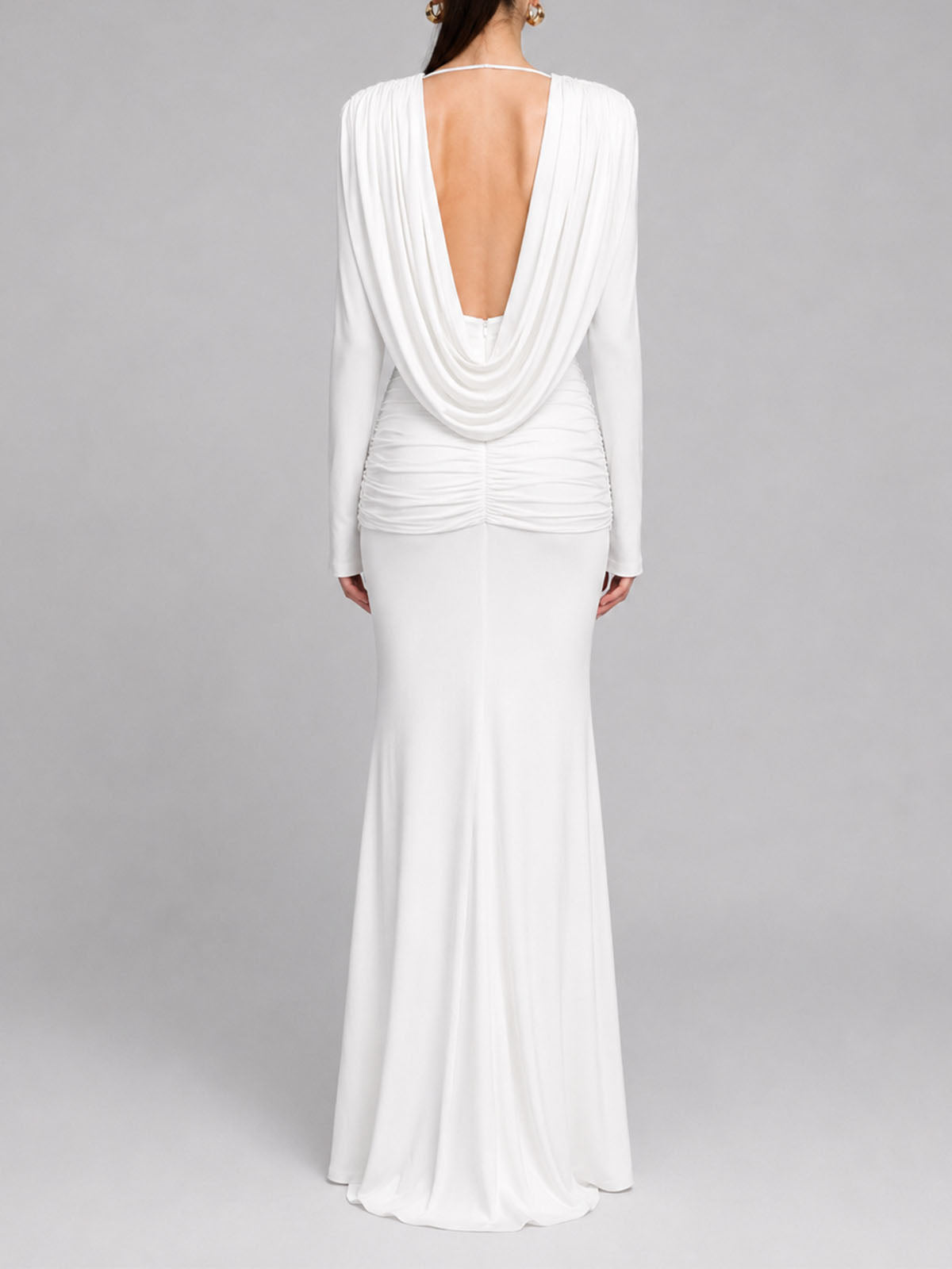 Luxury Plunge Cowl Neck Long Sleeve Ruched Mermaid Maxi Dress - White