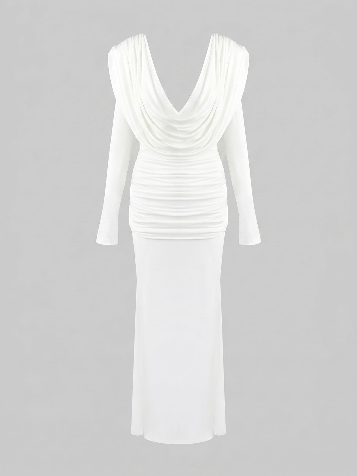 Luxury Plunge Cowl Neck Long Sleeve Ruched Mermaid Maxi Dress - White