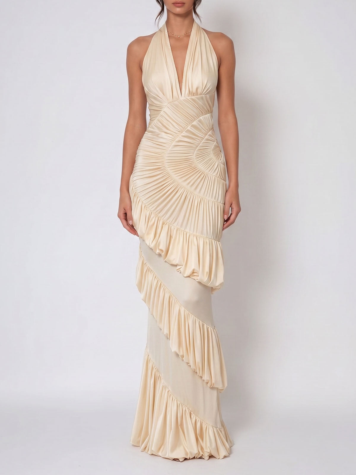 Luxury Plunge Halter Shirred Bubble Tiered Maxi Dress - Nude