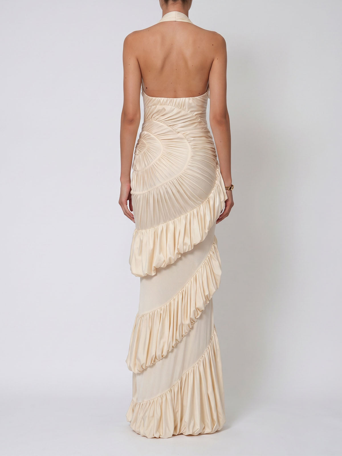 Luxury Plunge Halter Shirred Bubble Tiered Maxi Dress - Nude