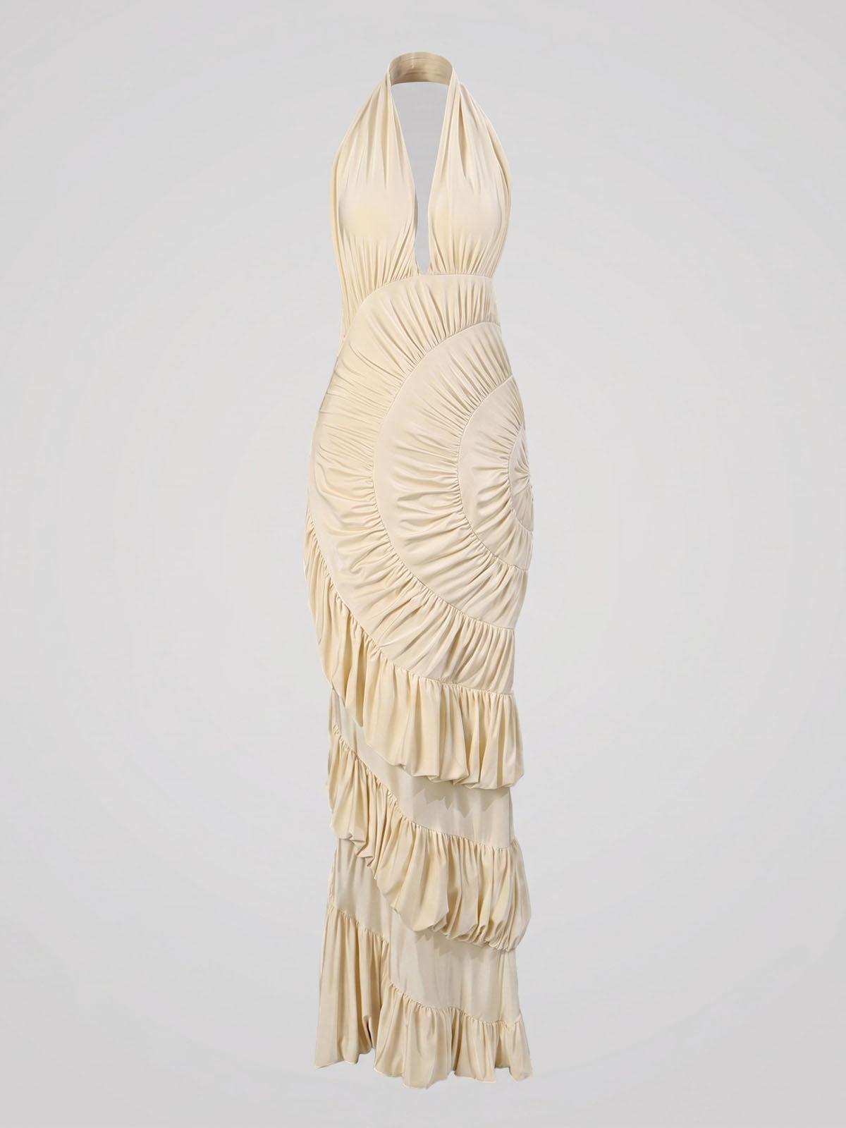 Luxury Plunge Halter Shirred Bubble Tiered Maxi Dress - Nude