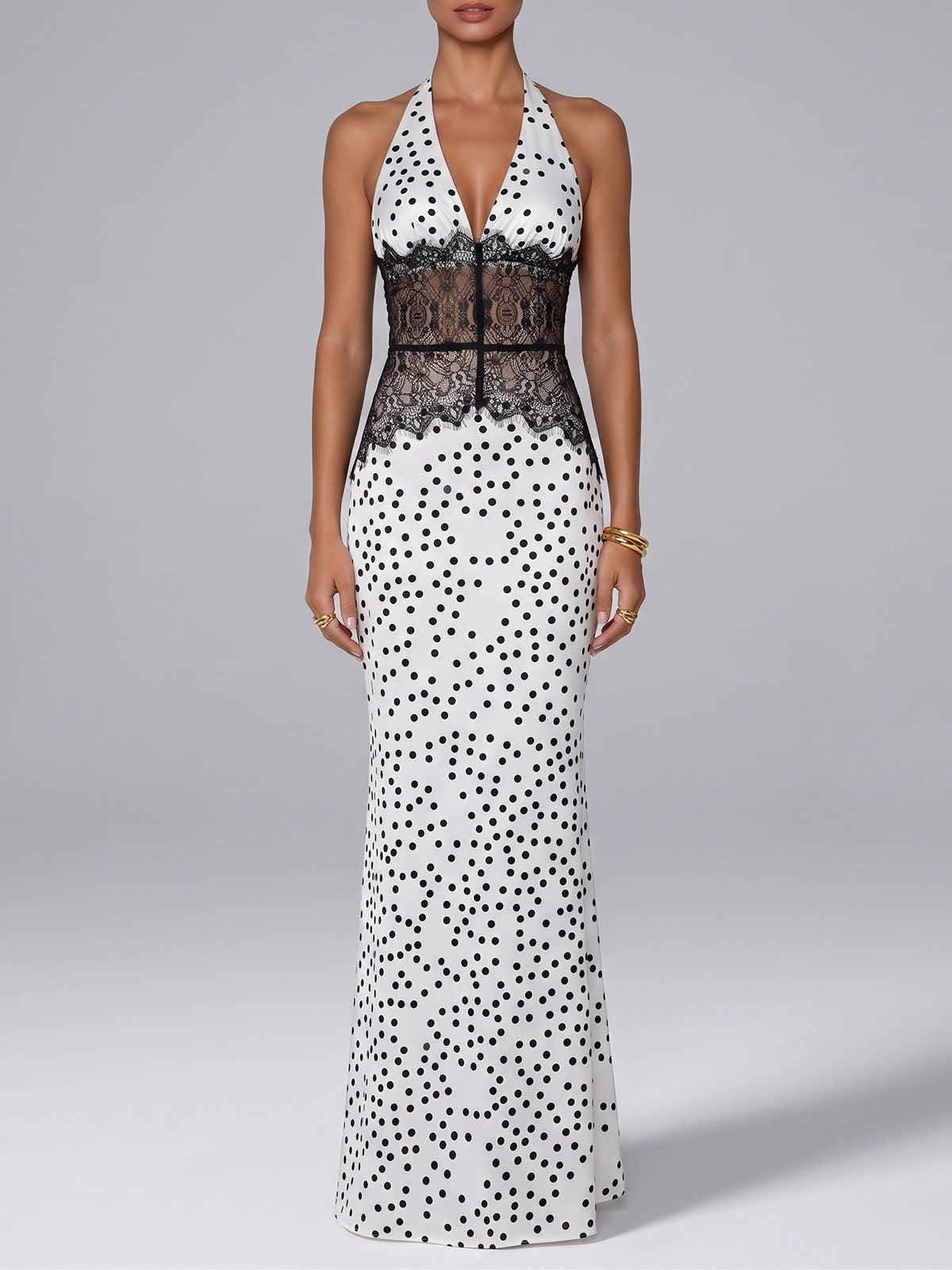 Luxury Satin Polka Dot Halter Lace Panel Backless Maxi Dress - White