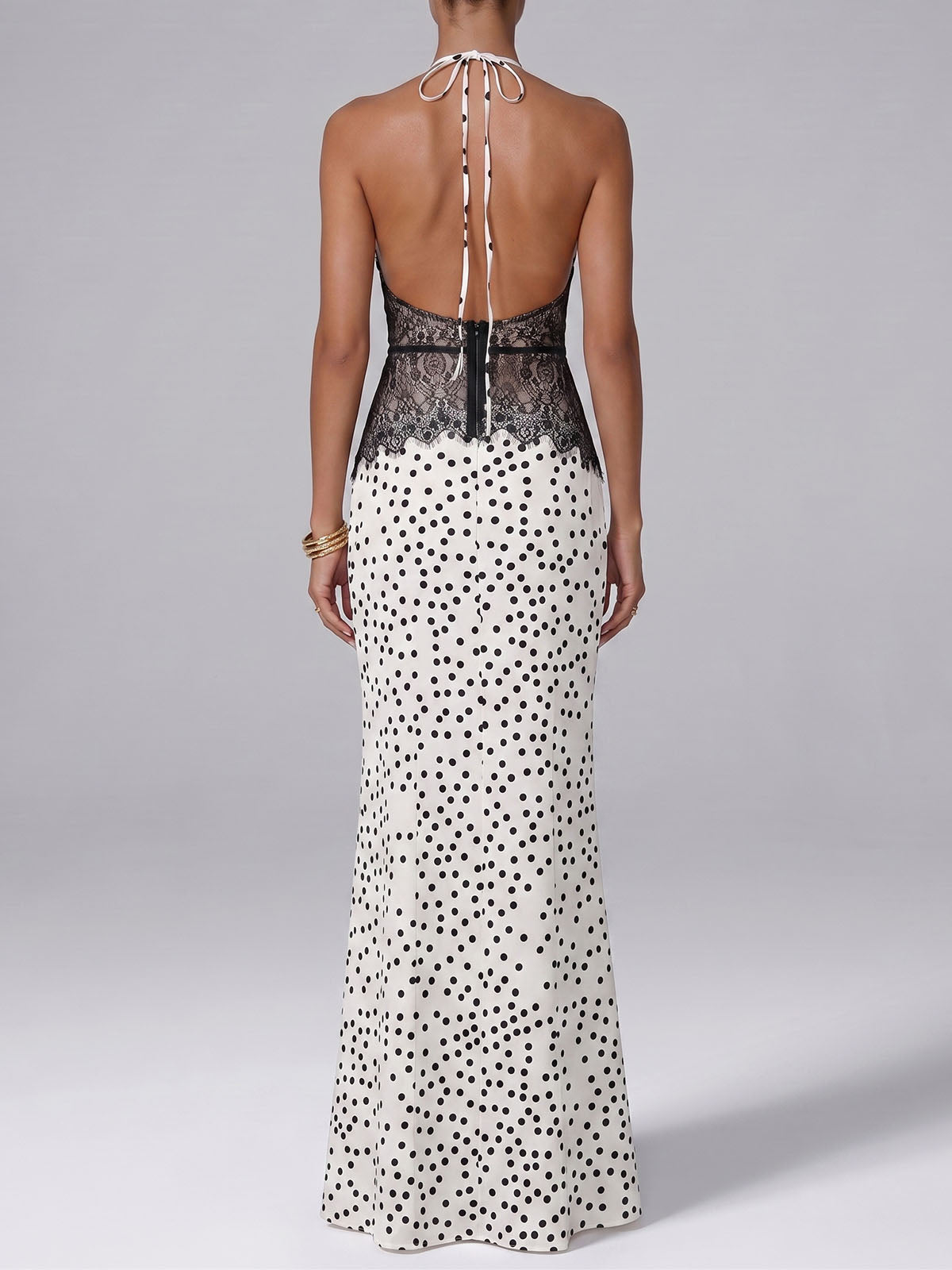 Luxury Satin Polka Dot Halter Lace Panel Backless Maxi Dress - White