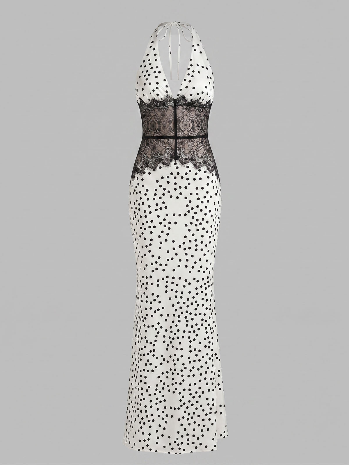 Luxury Satin Polka Dot Halter Lace Panel Backless Maxi Dress - White