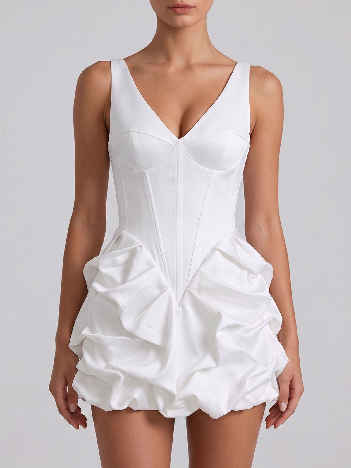 Luxury Satin Sleeveless Corset Ruffle Homecoming Mini Dress - White