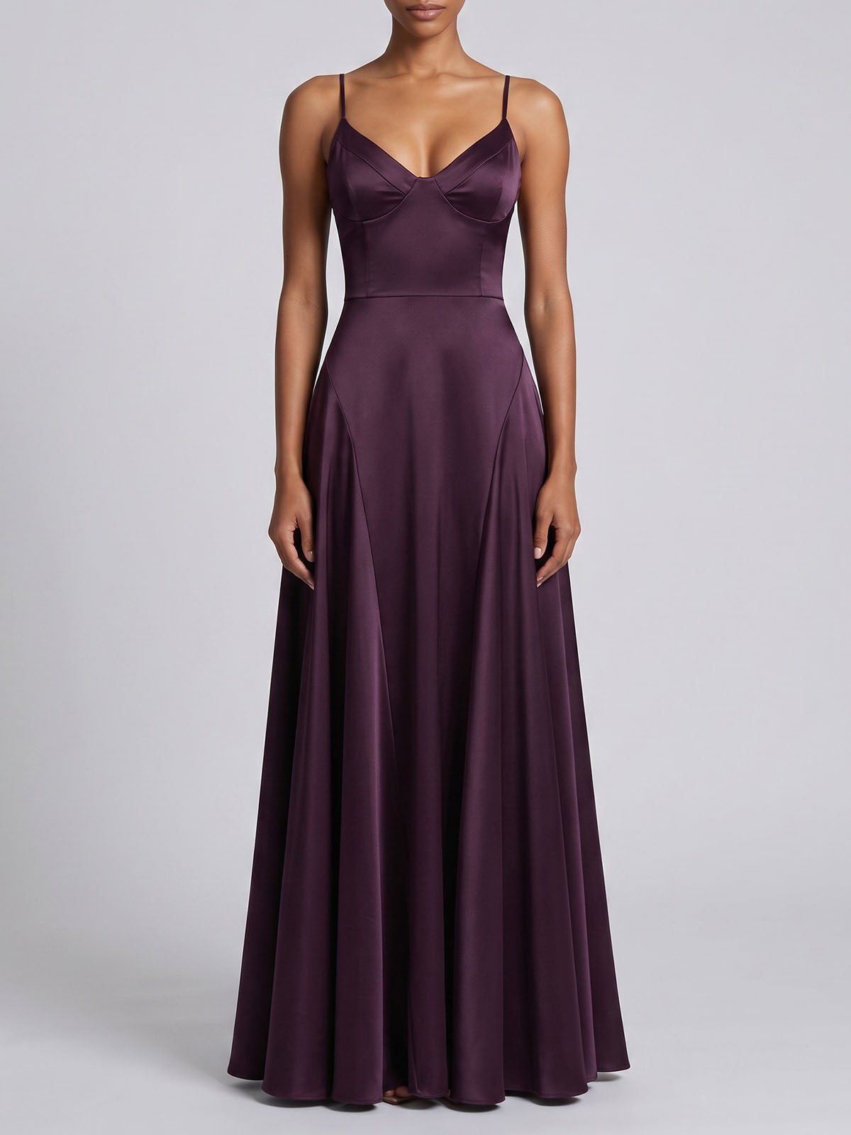 Luxury Satin Sweetheart Laced Spaghetti Formal Maxi Dress - Plum