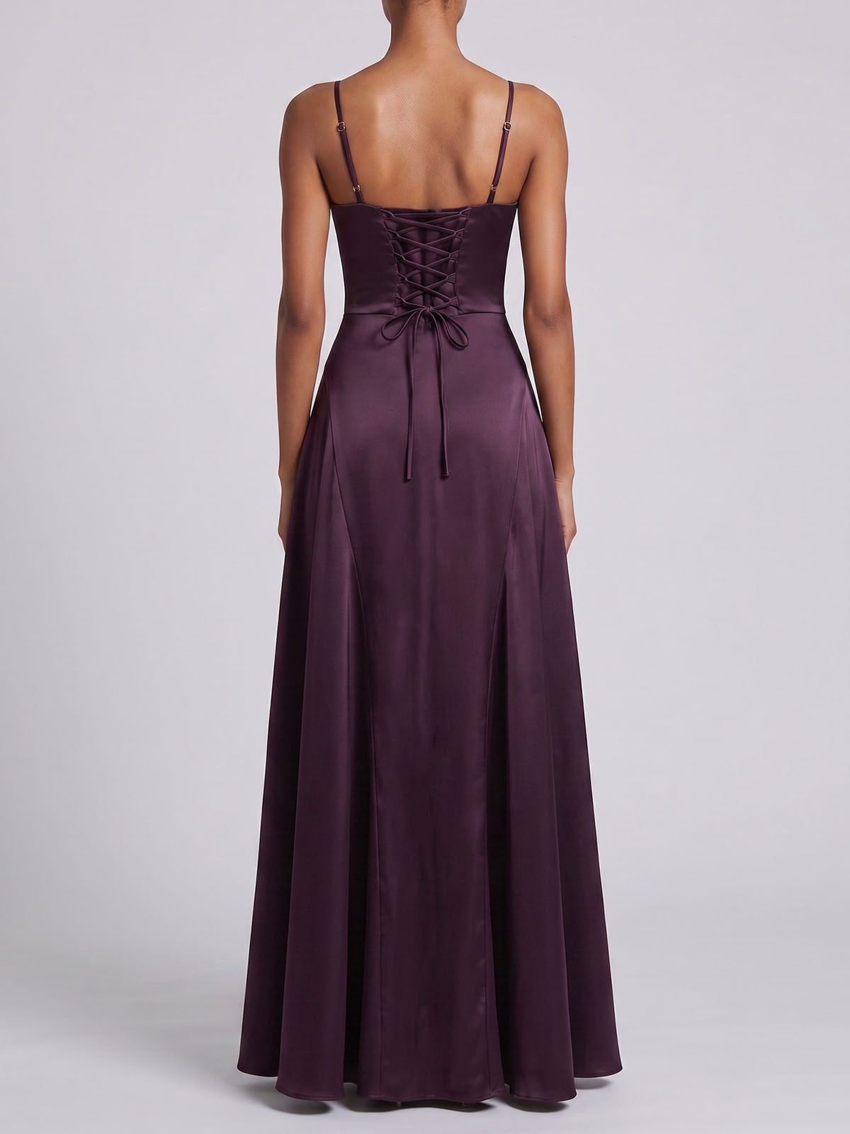 Luxury Satin Sweetheart Laced Spaghetti Formal Maxi Dress - Plum