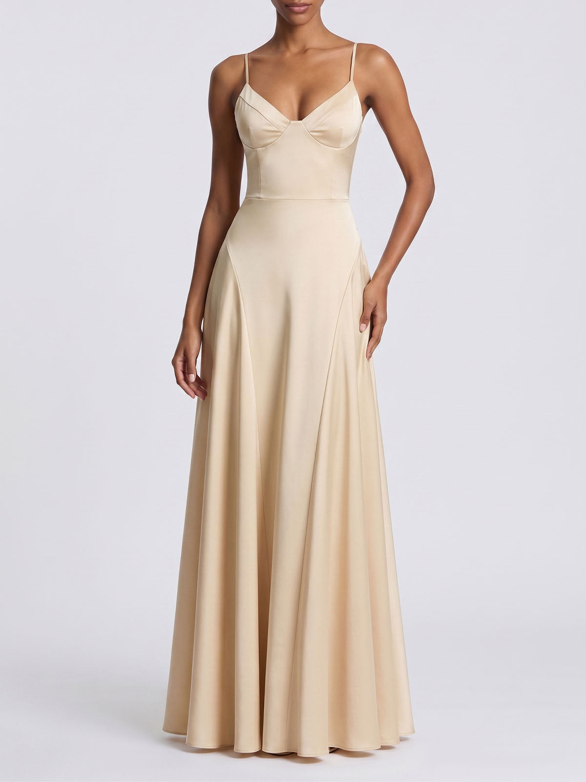 Luxury Satin Sweetheart Laced Spaghetti Formal Maxi Dress - Champagne