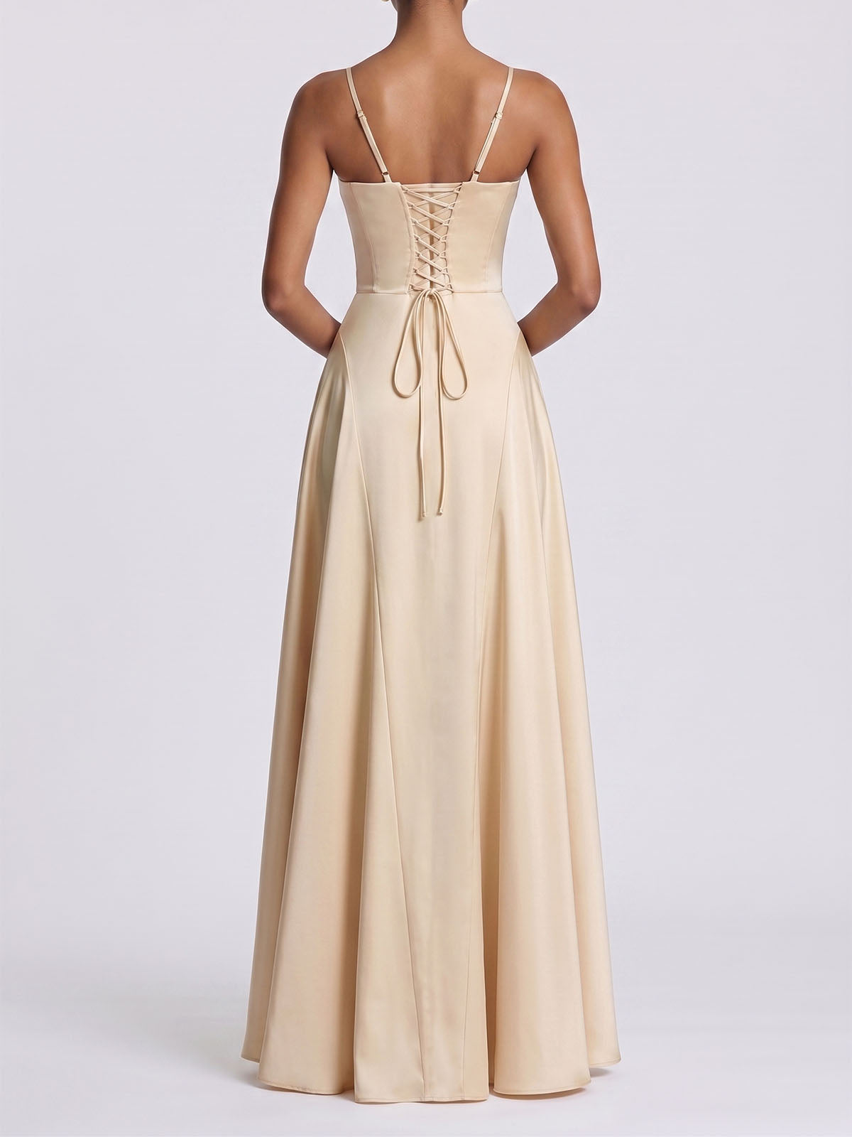 Luxury Satin Sweetheart Laced Spaghetti Formal Maxi Dress - Champagne