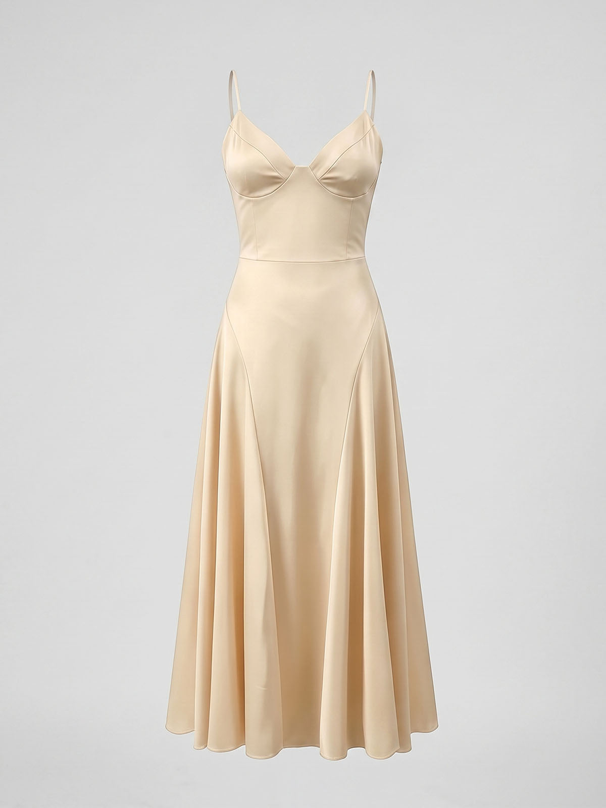 Luxury Satin Sweetheart Laced Spaghetti Formal Maxi Dress - Champagne