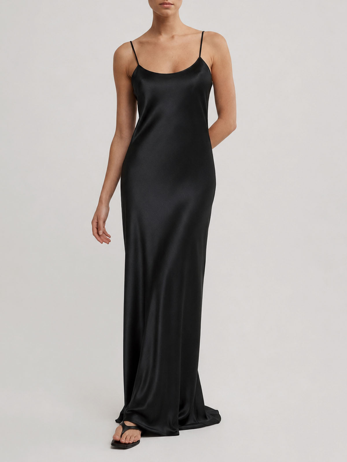 Luxury Spaghetti Strap Tie Back Mulberry Silk Slip Maxi Dress - Black