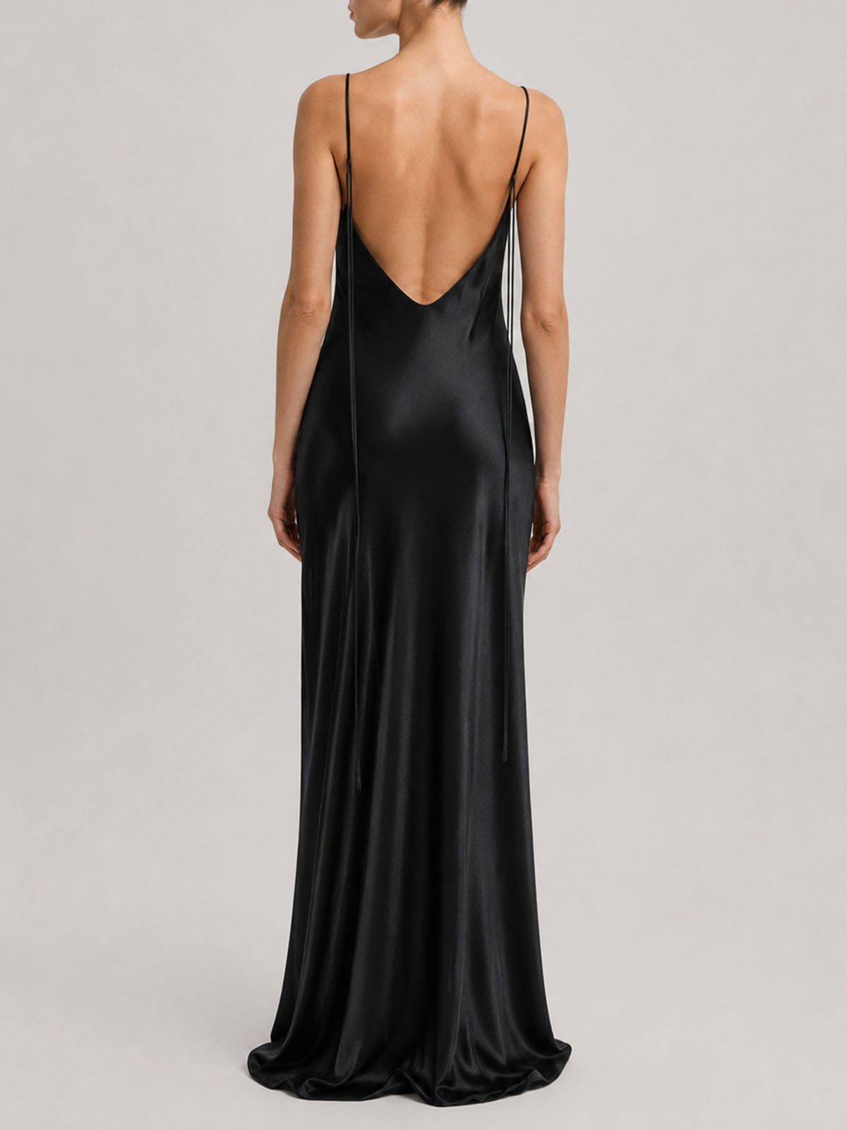 Luxury Spaghetti Strap Tie Back Mulberry Silk Slip Maxi Dress - Black