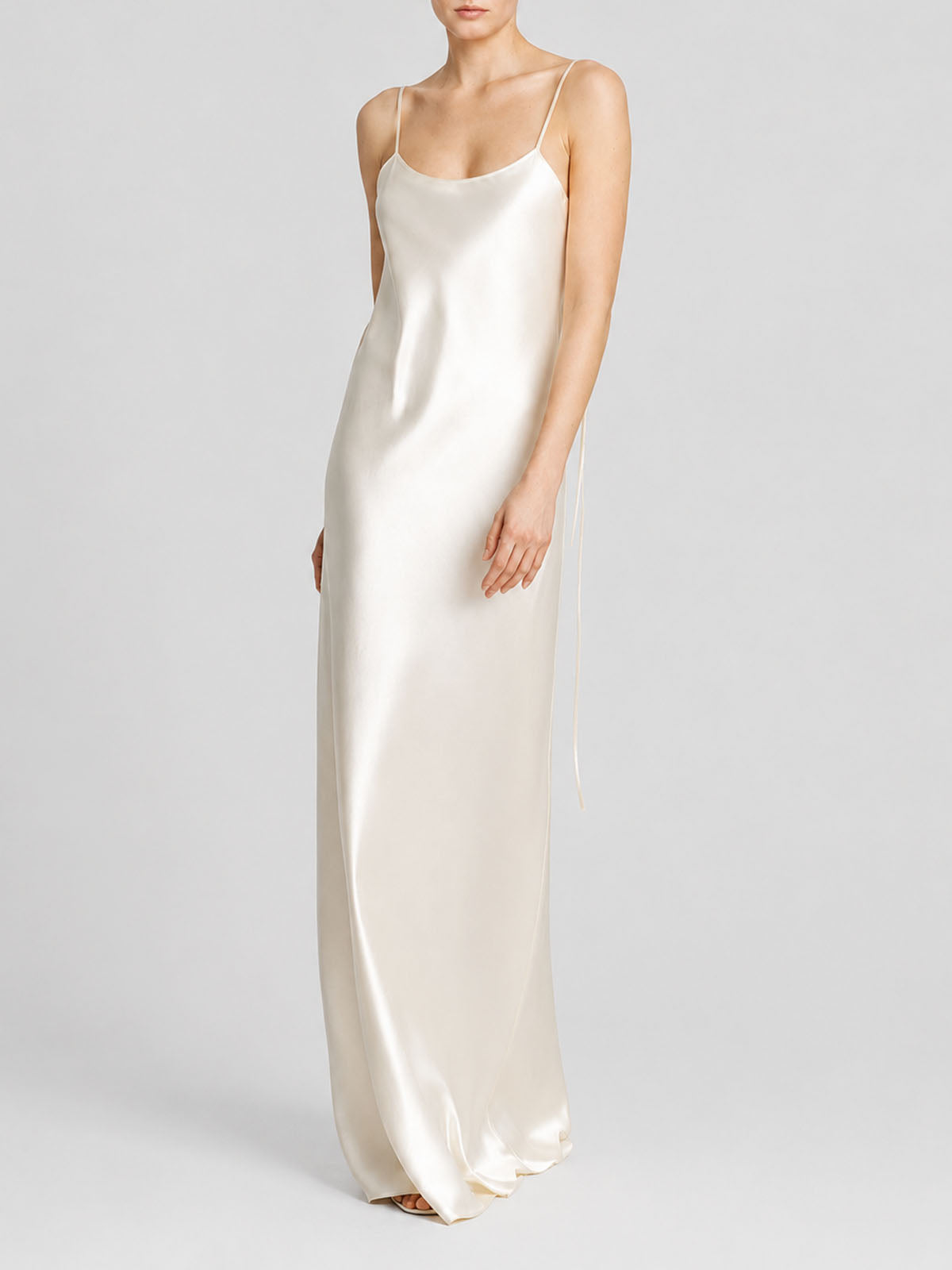 Luxury Spaghetti Strap Tie Back Mulberry Silk Slip Maxi Dress - Ivory