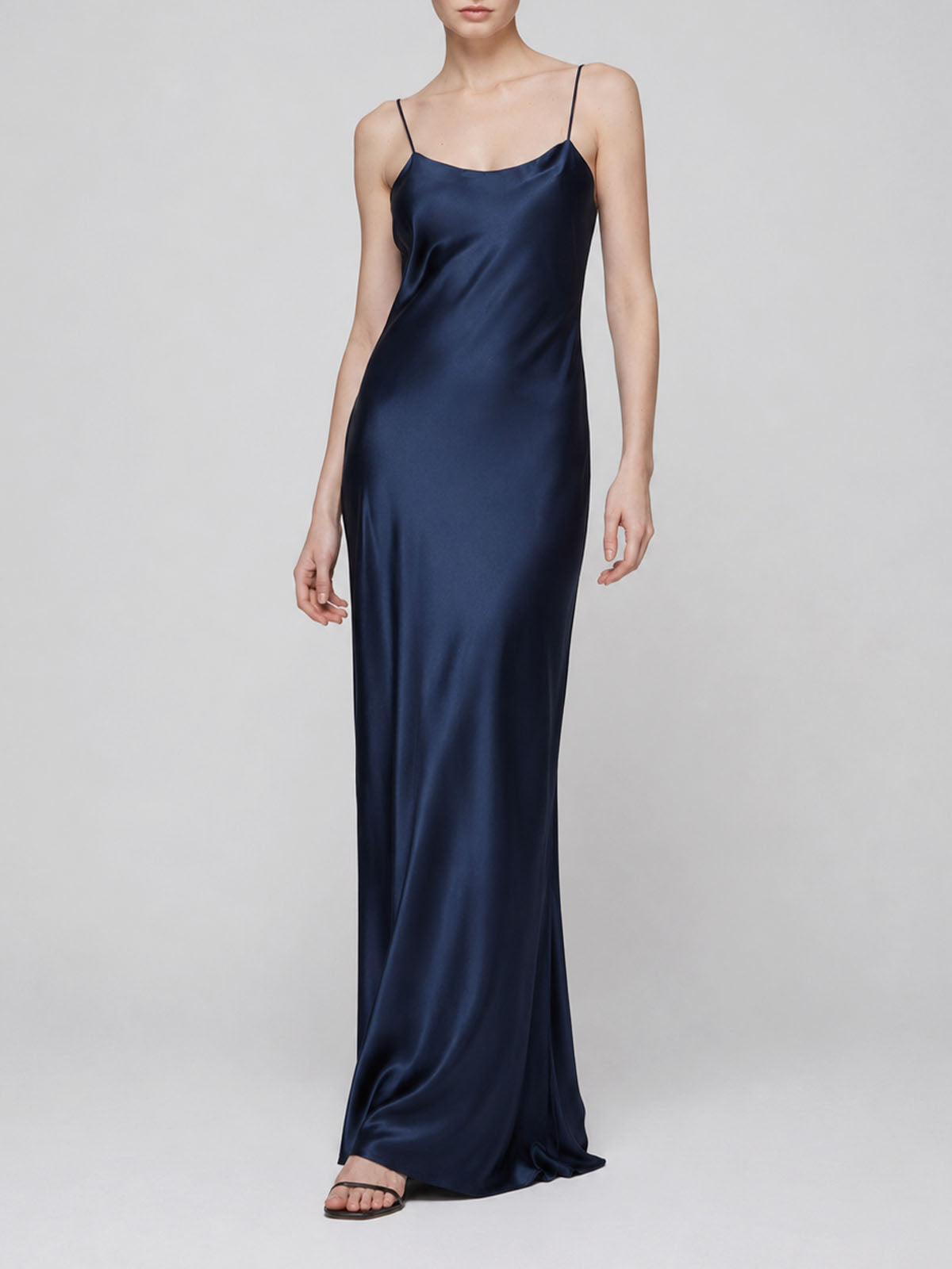 Luxury Spaghetti Strap Tie Back Mulberry Silk Slip Maxi Dress - Navy