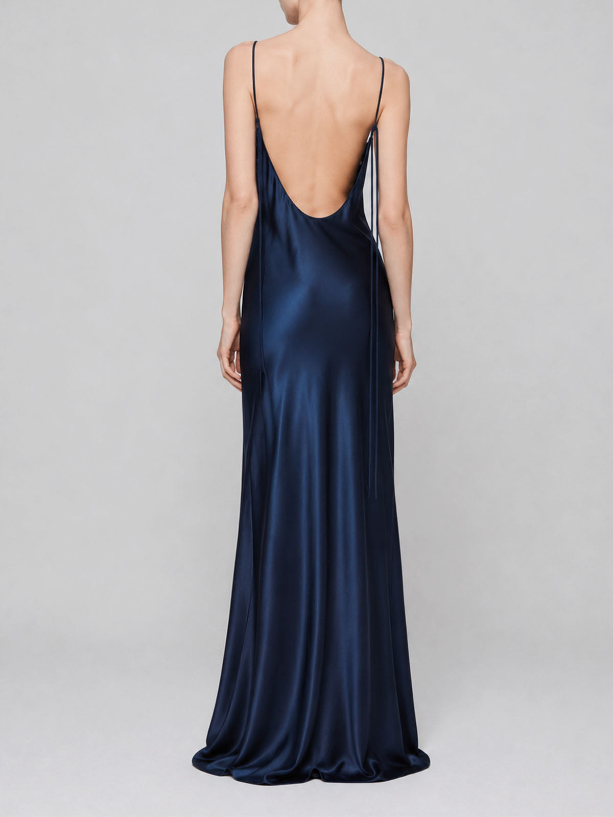 Luxury Spaghetti Strap Tie Back Mulberry Silk Slip Maxi Dress - Navy