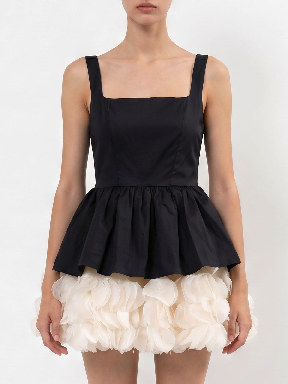 Luxury Square Neck Sleeveless Peplum Tiered Ruffle Mini Dress - Black