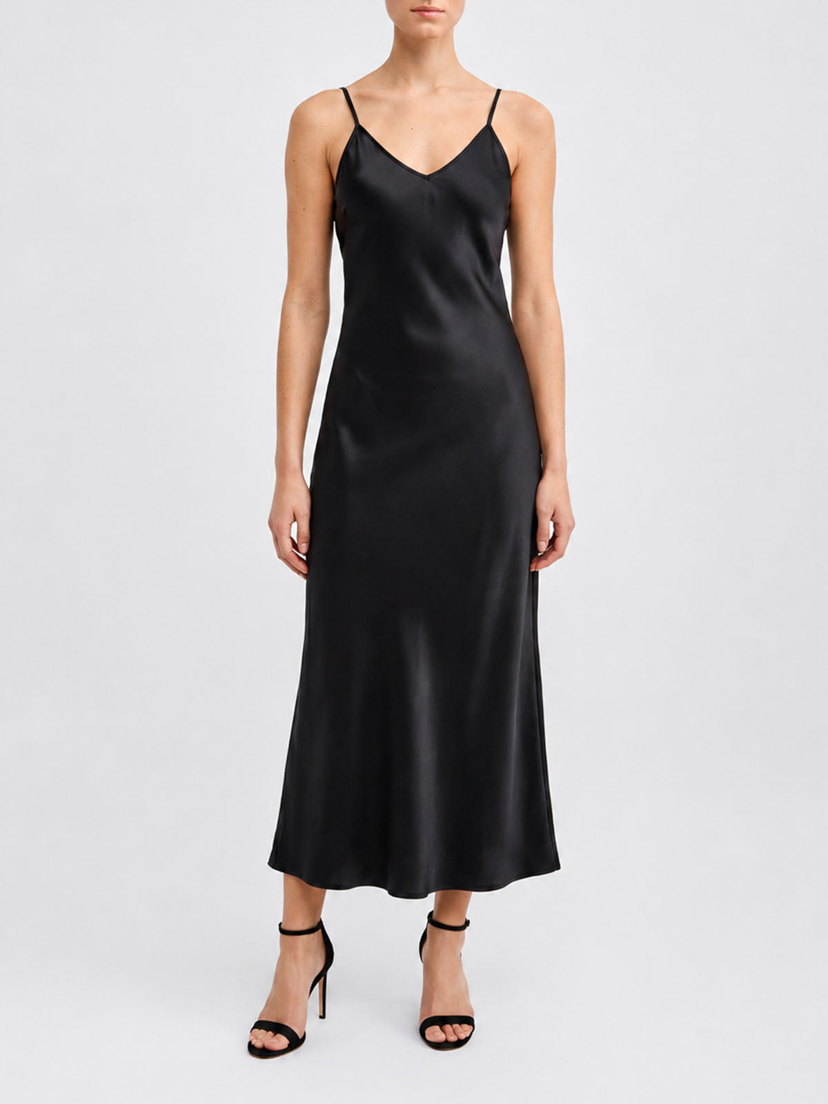 Luxury V Neck Spaghetti Bias Mulberry Silk Slip Midi Dress - Black