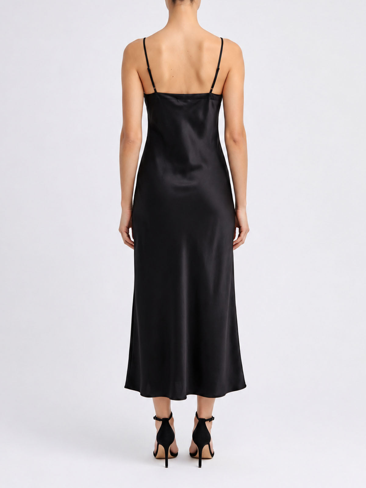 Luxury V Neck Spaghetti Bias Mulberry Silk Slip Midi Dress - Black