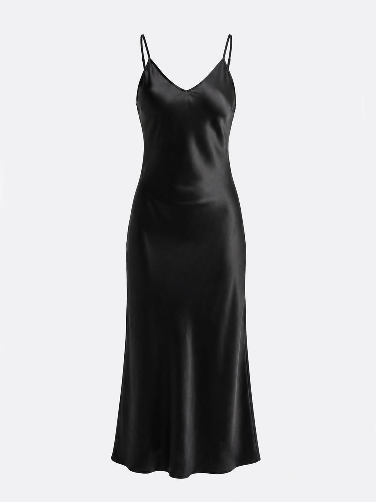Luxury V Neck Spaghetti Bias Mulberry Silk Slip Midi Dress - Black