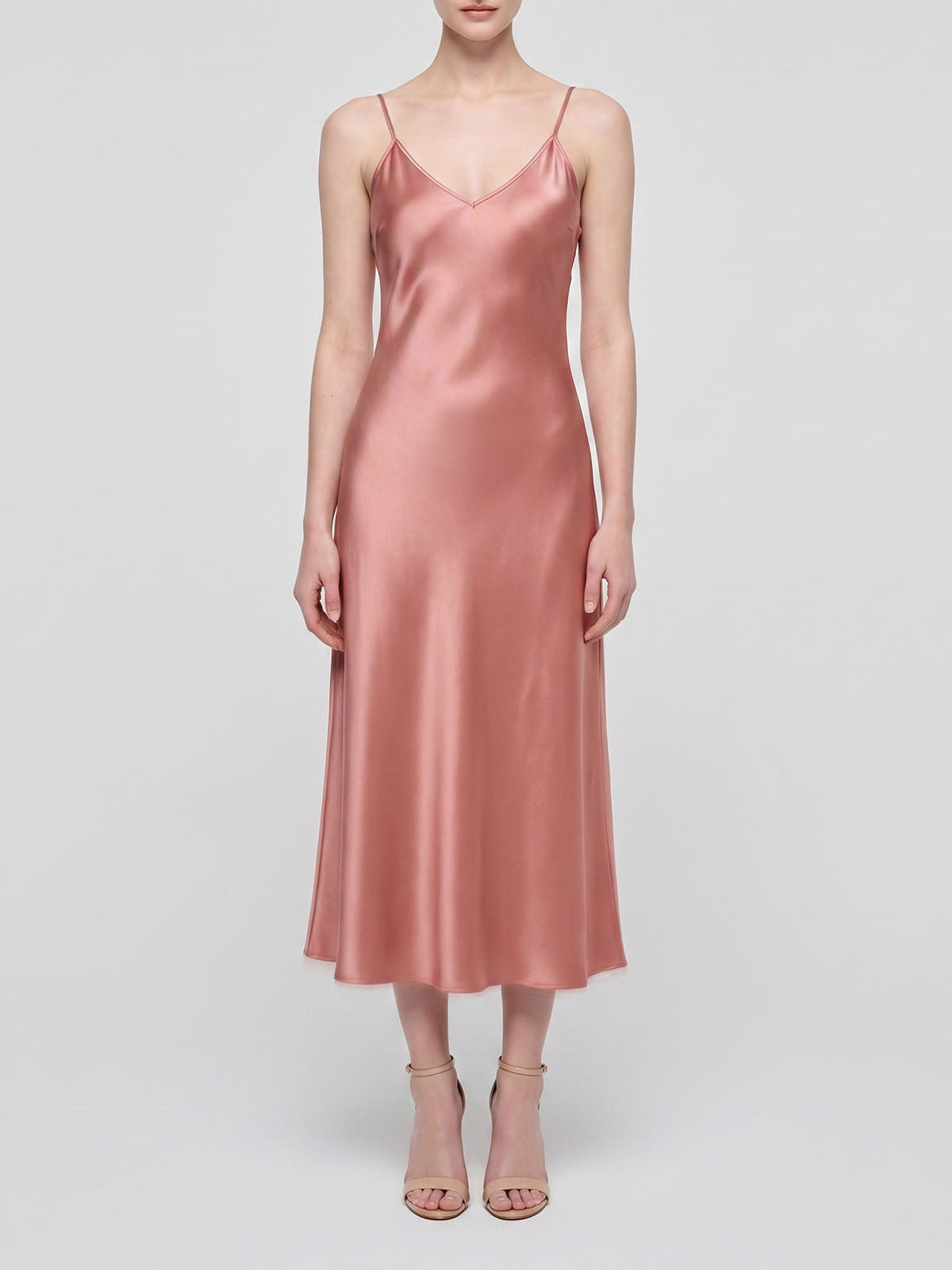 Luxury V Neck Spaghetti Bias Mulberry Silk Slip Midi Dress - Coral