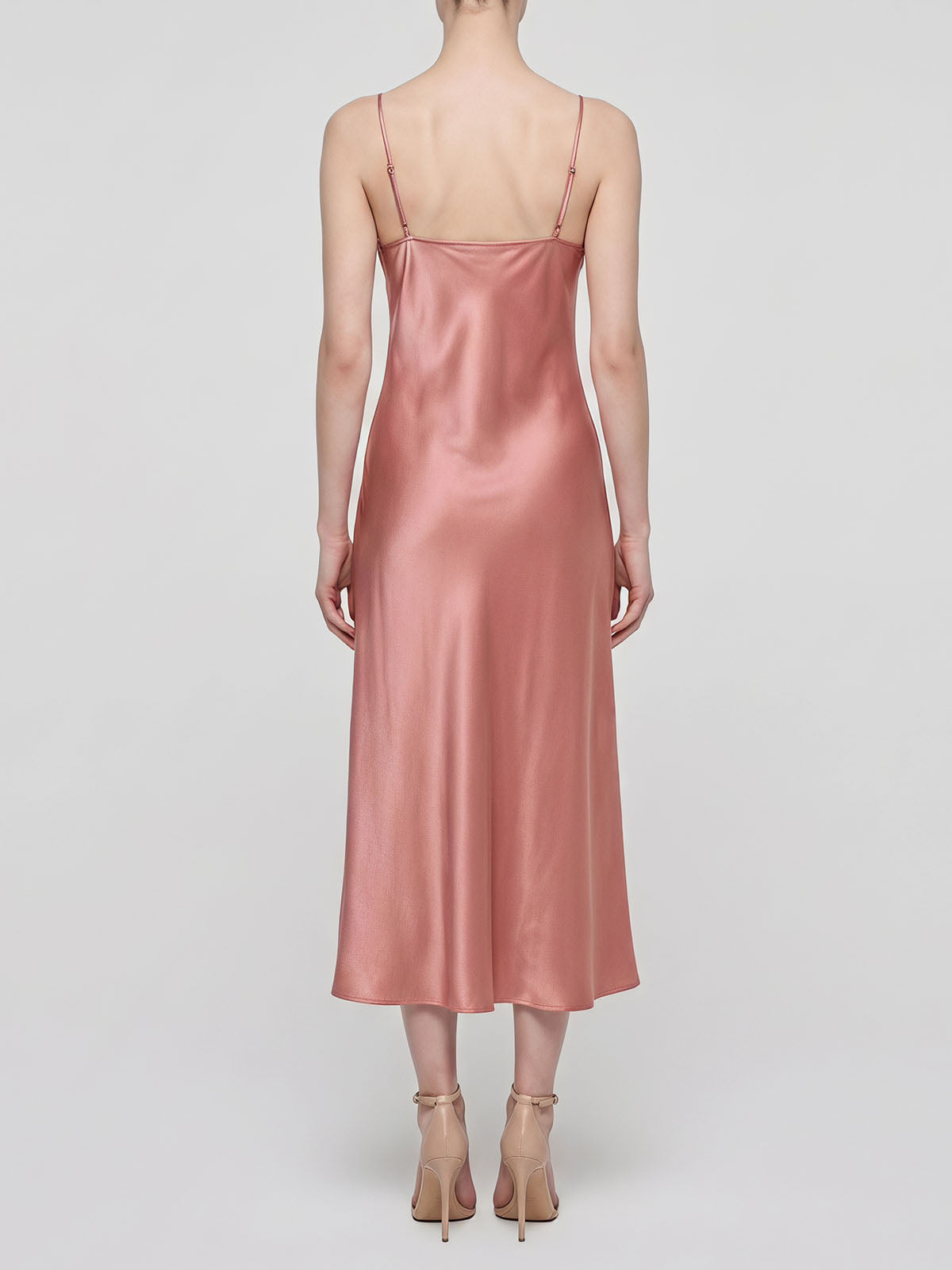 Luxury V Neck Spaghetti Bias Mulberry Silk Slip Midi Dress - Coral