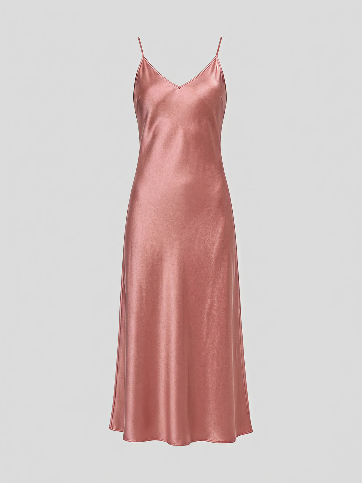 Luxury V Neck Spaghetti Bias Mulberry Silk Slip Midi Dress - Coral