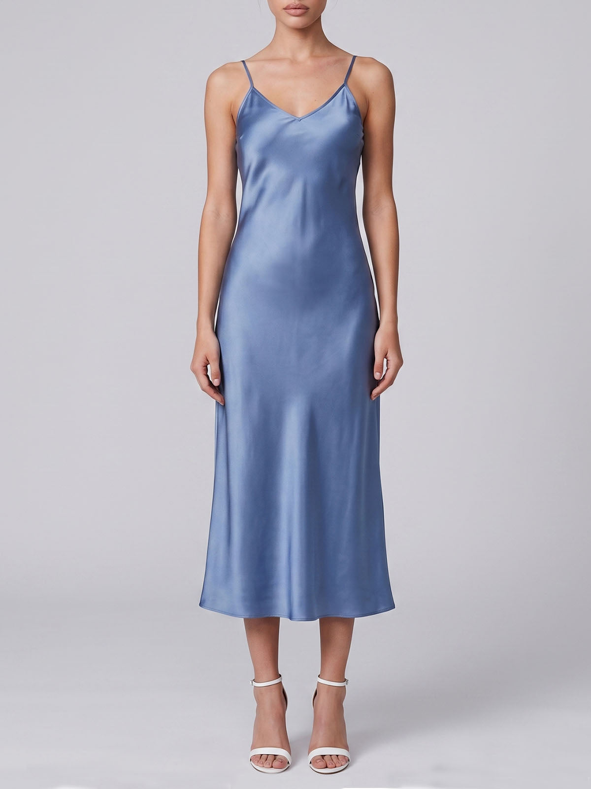 Luxury V Neck Spaghetti Bias Mulberry Silk Slip Midi Dress - Light Blue