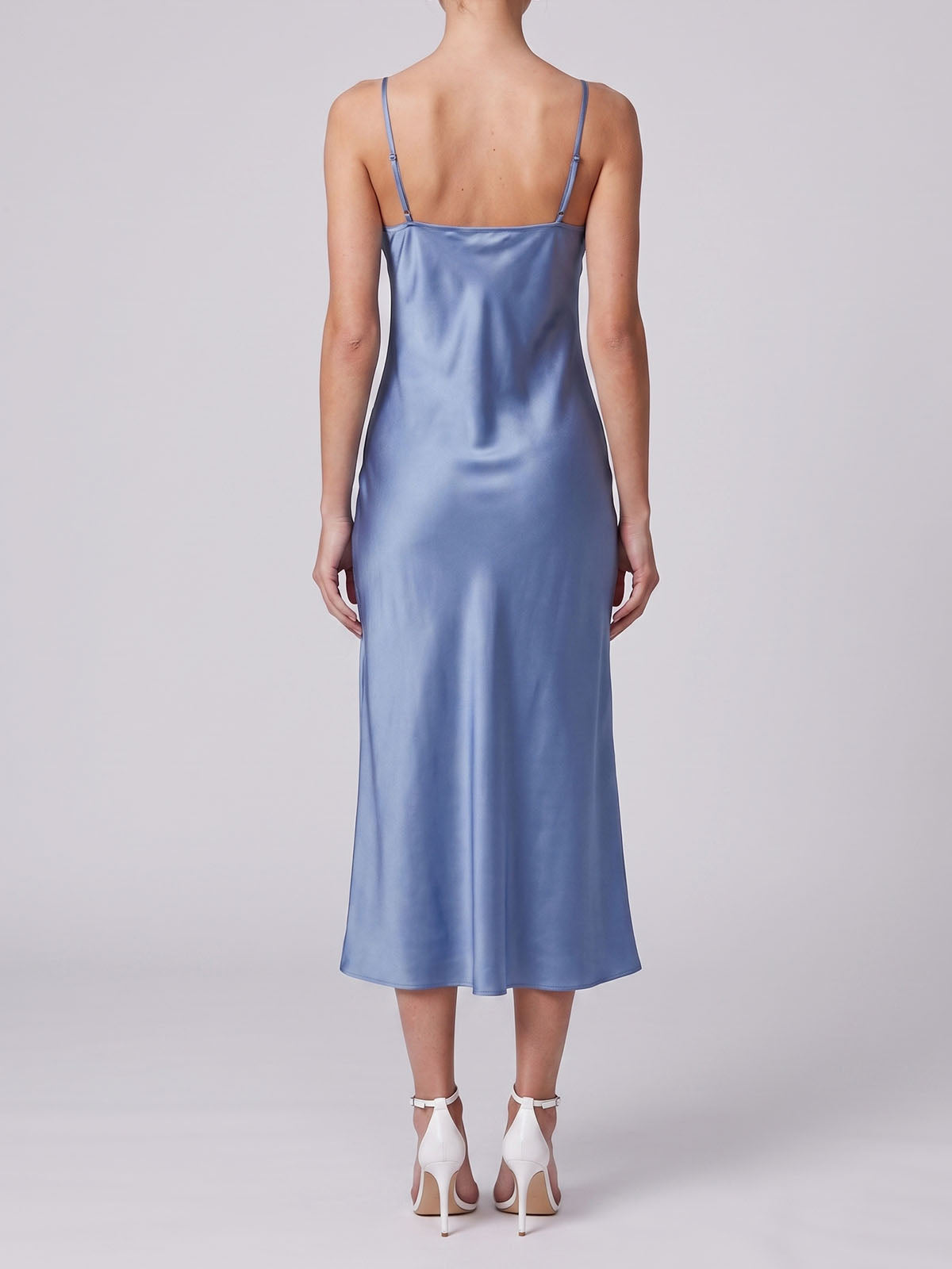 Luxury V Neck Spaghetti Bias Mulberry Silk Slip Midi Dress - Light Blue