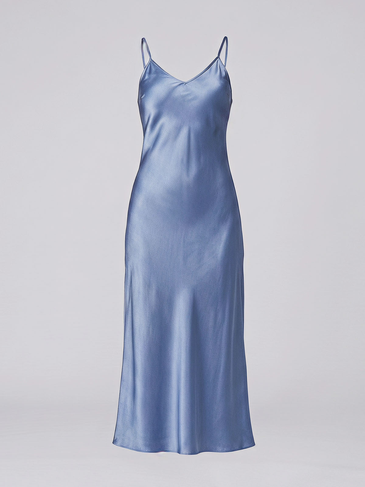 Luxury V Neck Spaghetti Bias Mulberry Silk Slip Midi Dress - Light Blue