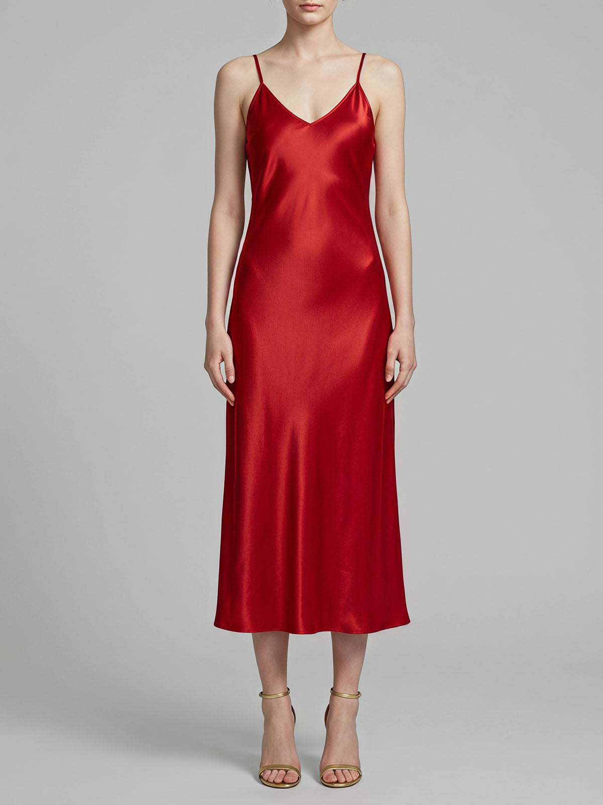 Luxury V Neck Spaghetti Bias Mulberry Silk Slip Midi Dress - Red